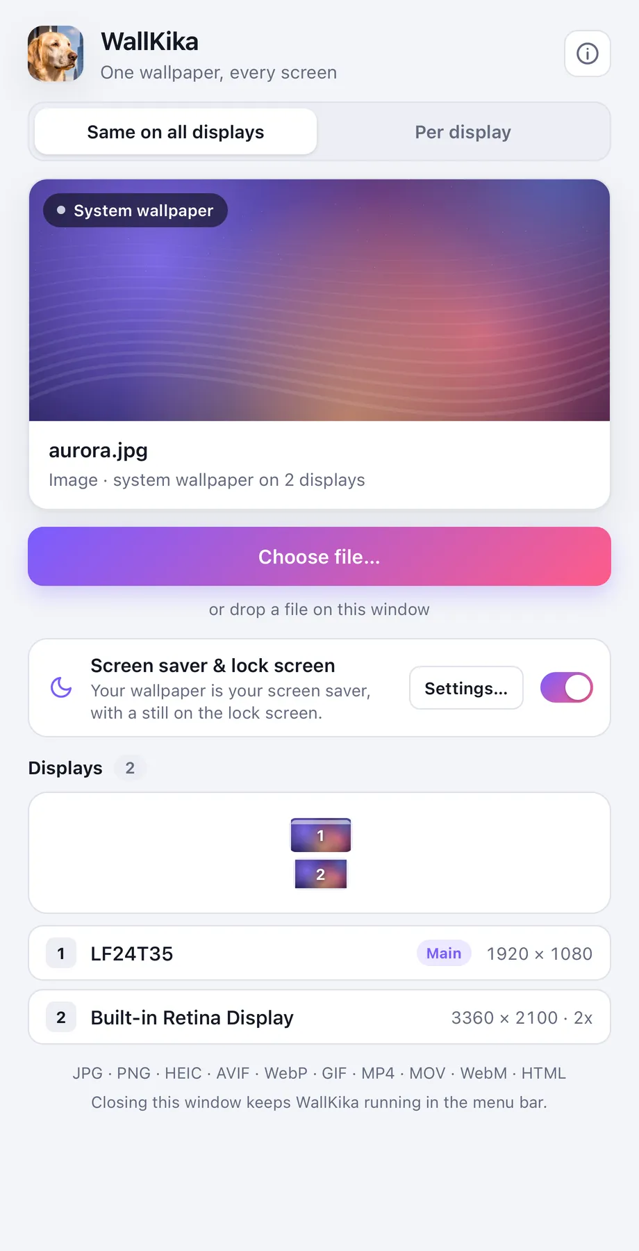 Same on all displays: an image as system wallpaper, also on the screen saver and lock screen. Light mode.
