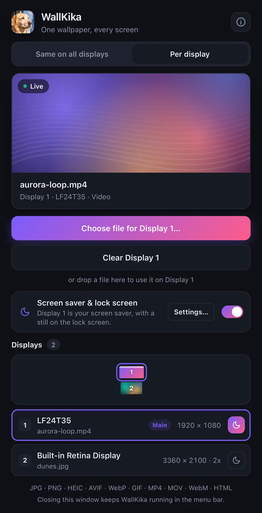 Per display: a video on the main display, an image on the laptop screen, and the main display chosen for the screen saver and lock screen.